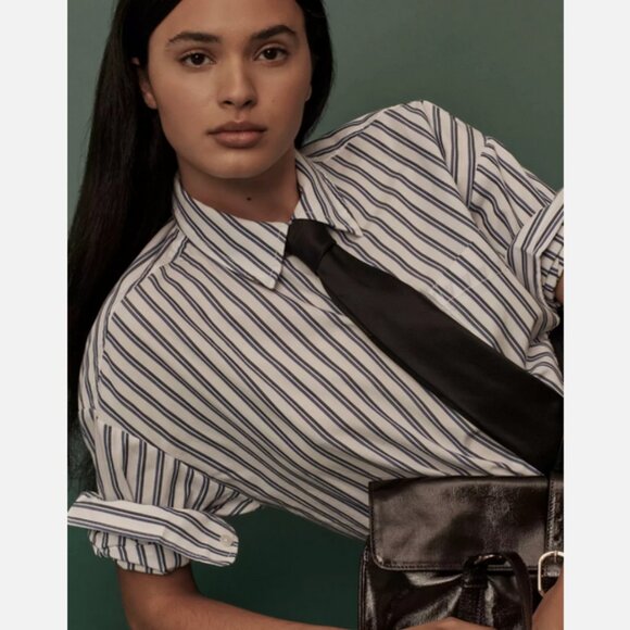 Anthropologie Maeve The Bennet Buttondown Shirt Indigo Stripe MP  M Petite NWT - Picture 2 of 8